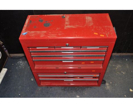A CLARKE LIDDED NINE DRAWER ENGINEERS TOOLBOX width 66cm x depth 30cm x height 69cm, containing tools including Allen keys, p