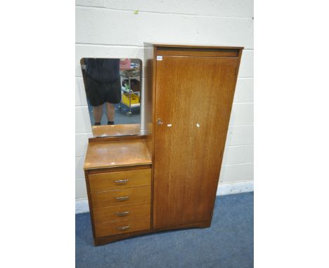 A LEBUS 20TH CENTURY OAK GENTLEMAN'S WARDROBE/DRESSING CHEST, with a single cupboard door, a single mirror above four drawers