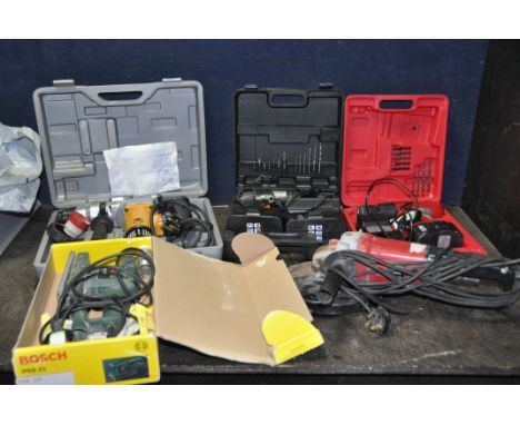 A COLLECTION OF POWER TOOLS comprising of a Bosch PSS 23 sander, a Power G SDS breaker, a Power Devil angle grinder, a Power 
