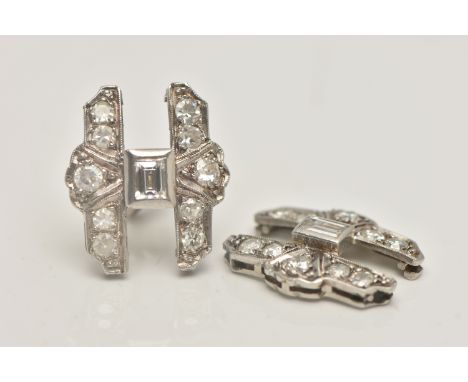 A PAIR OF WHITE METAL DIAMOND EARRINGS, AF conversion piece, art deco style, each set with a central rectangular step cut dia