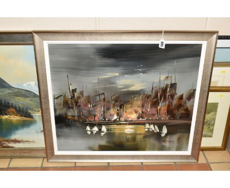 A SMALL QUANTITY OF PAINTINGS AND PRINTS, comprising a late 20th century oil on board depicting sailing dinghies before a cit