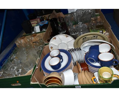 FIVE BOXES OF DINNER WARES AND GLASS WARES ETC, to include a stoneware part dinner service to include dinner plates, side pla