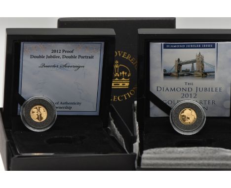 A PAIR OF GOLD QUARTER SOVEREIGN COINS, to include a 2012 Double Jubilee, Double Portrait Quarter Proof Sovereign, together w