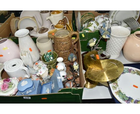 THREE BOXES OF CERAMICS AND TEAWARE, to include a Sylvac butter dish 3986, a Poole Pottery twin tone Mushroom and Sepia colou