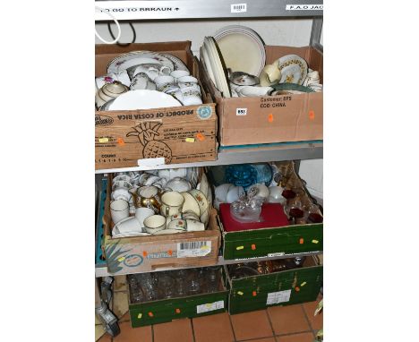 SIX BOXES OF ASSORTED CERAMICS AND GLASS ETC, to include Royal Vale cottage garden style part dinner service, Crown Stafford 