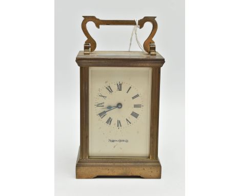 A 'MAPPIN &amp; WEBB' CARRIAGE CLOCK, key wound, white Roman numeral dial signed 'Mappin &amp; Webb', together with key, appr
