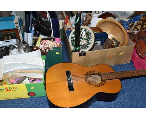 FOUR BOXES AND LOOSE GUITAR, NEEDLECRAFT ITEMS, TREEN AND SUNDRIES, to include a 3/4 size Terada acoustic guitar, sewing item