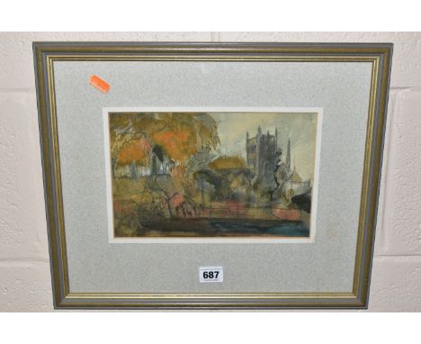 GWILYM PRITCHARD (WELSH 1931-2015) HEREFORD CATHEDRAL,viewed from the river, signed lower left, mixed media on paper, approxi
