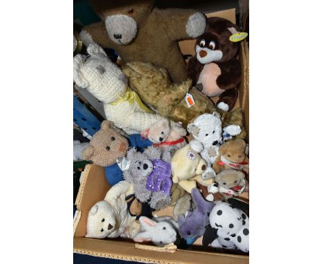 A BOX OF SOFT TOYS, to include a vintage disc jointed teddy bear, non-jointed teddy bear, Bananas bear, assorted other bears 