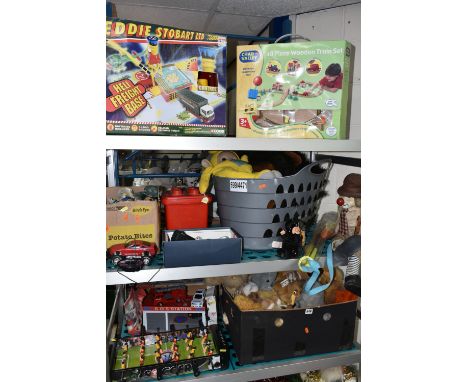 A QUANTITY OF ASSORTED TOYS, to include boxed Chad Valley wooden train set, modern soft toys including Anne Geddes doll, asso