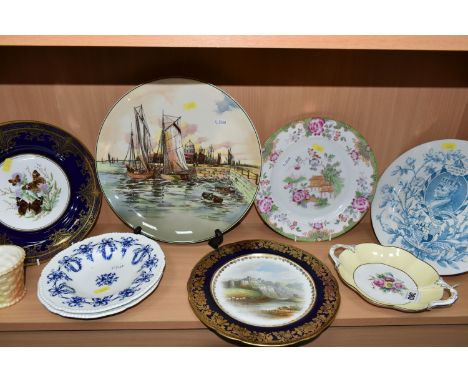 A COLLECTION OF NAMED PORCELAIN, comprising a Hammersley &amp; Co. hand painted cabinet plate with a cobalt blue and gilt bor