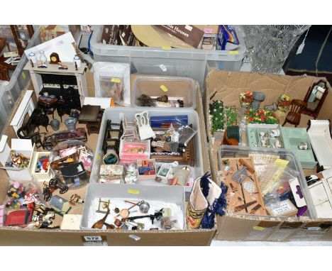 THREE BOXES OF DOLLS HOUSE FURNITURE AND ACCESSORIES, to include a work bench with tools, Victorian/Edwardian style furniture