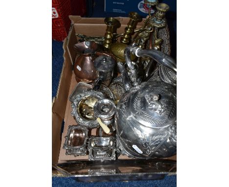 A BOX OF 19TH AND 20TH CENTURY METALWARE, including a set of four Old Sheffield Plate pedestal salts of rectangular form, unm