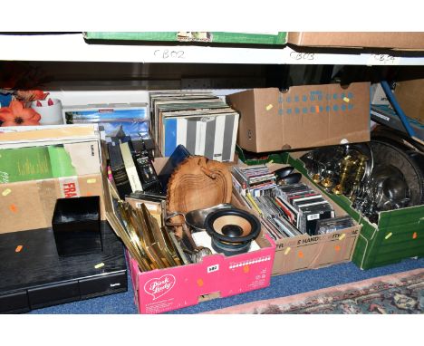 EIGHT BOXES AND LOOSE METALWARES, RECORDS, CDS AND SUNDRY HOMEWARES, to include brass candlesticks, plated and stainless stee