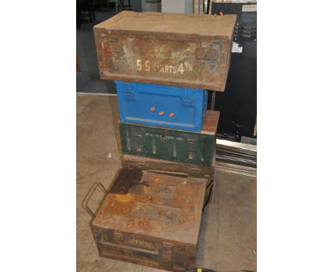 A COLLECTION OF FIVE VINTAGE METAL AMMO BOXES, of various sizes including one with 5.5 C Arts 4th painted on, width 63cm x de