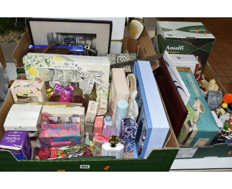 THREE BOXES OF COSMETICS AND SUNDRY MODERN AND VINTAGE HOMEWARES, to include a boxed partial Ghost fragrance set, various oth