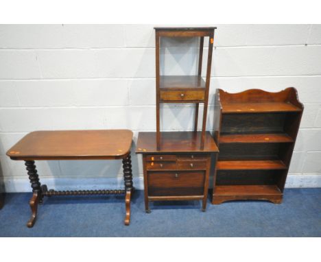 A VICTORIAN MAHOGANY SIDE TABLE, with bobbin turned supports and stretcher, length 88cm x depth 43cm x height 66cm, a cabinet