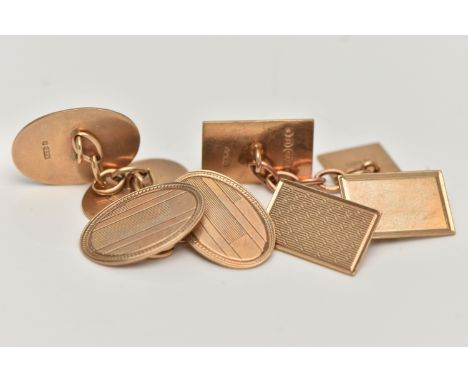 TWO PAIIRS OF 9CT GOLD CHAIN LINK CUFFLINKS, the first of an oval form with an engine turned pattern, hallmarked 9ct Birmingh