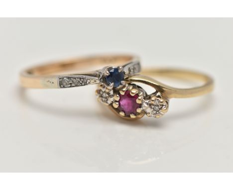 TWO 9CT GOLD GEM SET RINGS, the first set with a central, circular cut blue sapphire, to the single cut diamond set shoulders