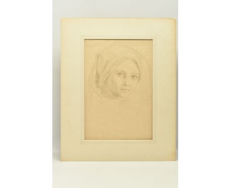 AN UNSIGNED LATE 19TH CENTURY PORTRAIT SKETCH, depicting a young female figure wearing a head covering, pencil on paper, appr