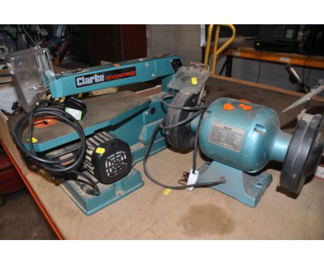 A CLARKE CSS400 SCROLL SAW with 40cm throat and a Clarke CBG-6RSB bench grinder (both PAT pass and working) (2)