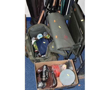A QUANTITY OF FISHING EQUIPMENT, RODS AND NETS, comprising a  Wychwood Signature adjustable chair, a cased Shimano XT-7 fishi