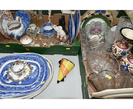 TWO BOXES OF CERAMICS AND GLASSWARE, to include a Lorna Bailey 'Sunburst' wall pocket, two Losolware meat plates, two blue an