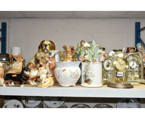 DECORATIVE CERAMICS AND CLOCKS ETC, to include Coopercraft dogs, Beswick 'Black Prince' corgi with chipped ear, Italian plast