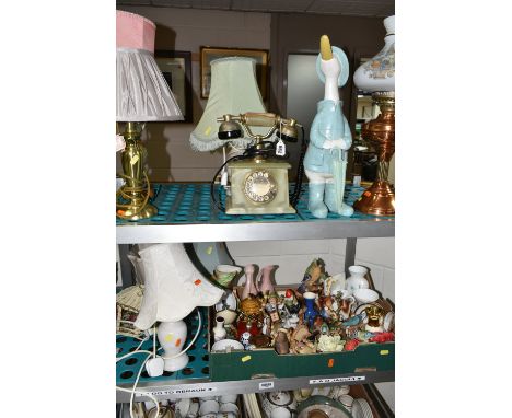 TABLE LAMPS, ORNAMENTS AND TELEPHONE ETC, to include a copper and brass oil lamp with shade and chimney, brass coloured balus