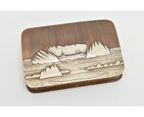 CORNELIUS JAKOB VAN DOP (DUTCH 1945-) a copper, nickel and brass snuff box, the hinged lid with two schooners amongst ice ber