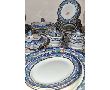 A THIRTY FIVE PIECE BURLEIGH WARE SYLVAN PART DINNER SERVICE, pattern no 4257, printed and tinted with borders of fruiting tr