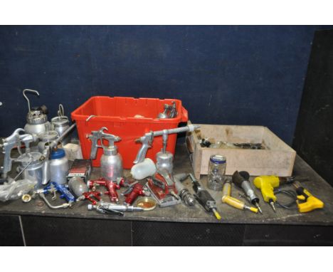 TWO TRAYS CONTAINING PNEUMATIC TOOLS including Binks, Binks and Burrows spray guns, cut off saws, chisels, sanders, drills et