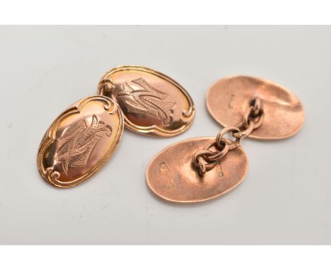 A PAIR OF 9CT ROSE GOLD CUFFLINKS, oval cufflinks engraved with initials, between chain links, hallmarked 9ct Birmingham, app