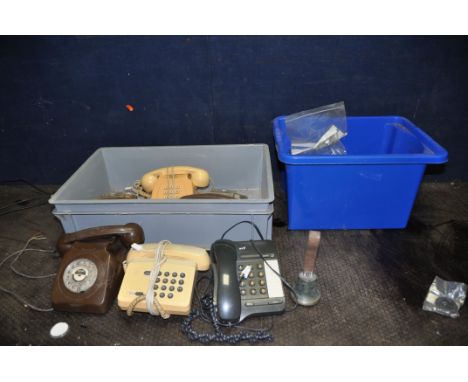 TWO TRAYS CONTAINING VINTAGE COLLECTABLES including six BT phones , taps and bathroom hardware etc