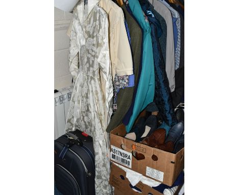 FOUR BOXES AND LOOSE LADIES' CLOTHING AND ACCESSORIES, to include coats, jackets, a vintage wedding dress, shoes, handbags, k