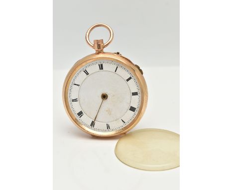 A YELLOW METAL OPEN FACE POCKET WATCH, AF, manual wind missing crown, missing hand, Perspex cover free from case, case does n