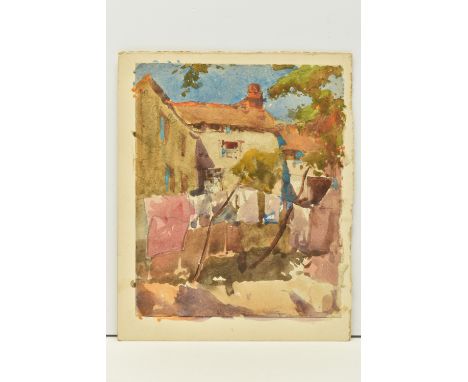 CIRCLE OF WILLIAM LEE HANKEY (1869-1952) AN UNSIGNED SKETCH OF WASHING ON A LINE, houses to the background, watercolour on pa