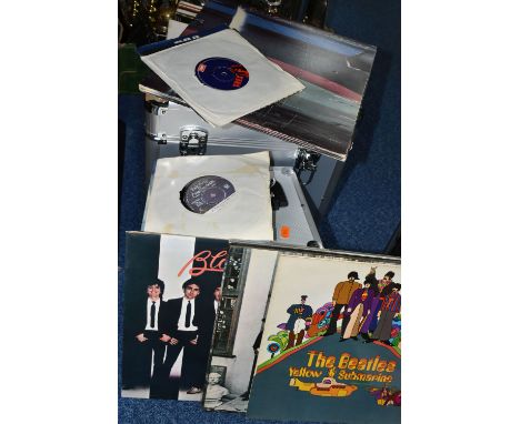 TWO ALUMINIUM CASES AND ONE BOX OF L.P AND SINGLE RECORDS, over forty L.P records to include Blondie Parallel lines, Wings - 