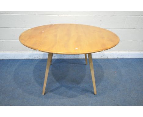 AN ERCOL ELM AND BEECH OVAL DINING TABLE, with drop ends, on square tapered legs, open length 125cm x closed length 64cm x de