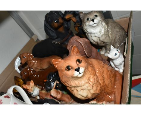 ONE BOX OF CAT AND DOG FIGURINES, to include two large Beswick cats impressed mark to base 1867, a small white Beswick cat, a