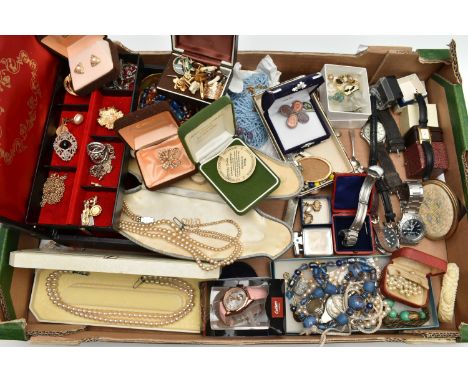 A BOX OF ASSORTED ITEMS, to include a jewellery box with costume jewellery, fashion wristwatches, imitation pearl necklaces, 
