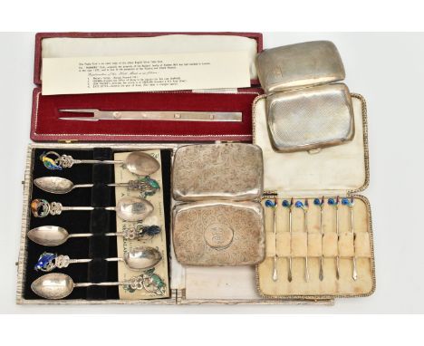 A SMALL PARCEL OF 20TH CENTURY SILVER AND WHITE METAL, comprising a cased replica of the Manners fork, makers Francis Howard 