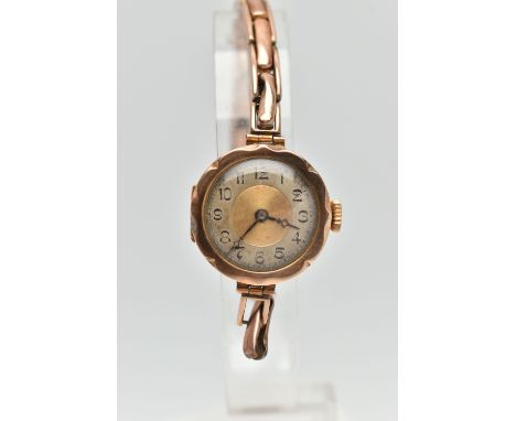 A LADYS 9CT ROSE GOLD WRISTWATCH, AF manual wind, round Bi-colour dial, Arabic numerals, blue steel hands, in a polished case