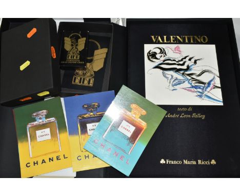 FASHION, a book, Valentino testo di Andre Leon Talley by Franco Maria Ricci, four Chanel postcards with sealed Chanel No. 5 p