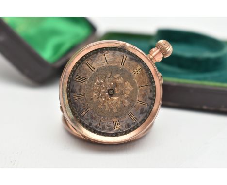 A LADYS CASED, ROSE METAL OPEN FACE POCKET WATCH, AF, manual wind, round discoloured floral dial, Roman numerals, missing han