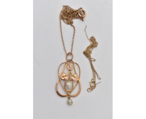 A MURRLE BENNETT 9CT GOLD PENDANT, of organic design with vine leaves and a central oval blister pearl and suspending a circu