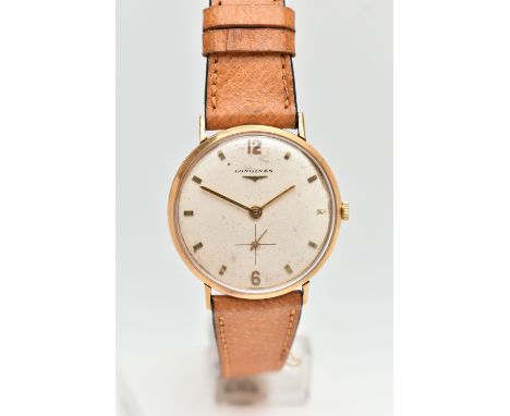 A LONGINES WRISTWATCH, the circular face with cream coloured dial, baton and Arabic markers, subsidiary dial, signed Longines