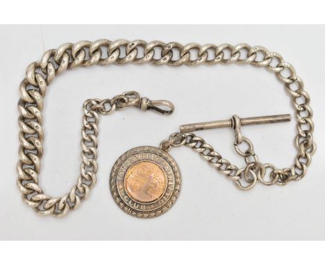 AN EARLY 20TH CENTURY SILVER ALBERT CHAIN, the graduated curb link chain with lobster clasp terminal, suspending a T-bar and 