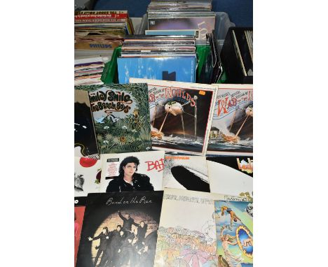 FOUR BOXES AND A CASE OF RECORDS, approximately one hundred and fifty LPs to include two x Jeff Wayne's The War of the Worlds