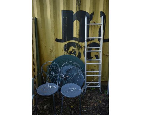 TWO CIRCULAR METAL GARDEN TABLE and two chairs, along with an aluminium step ladder (condition report: tables dismantled) (5)